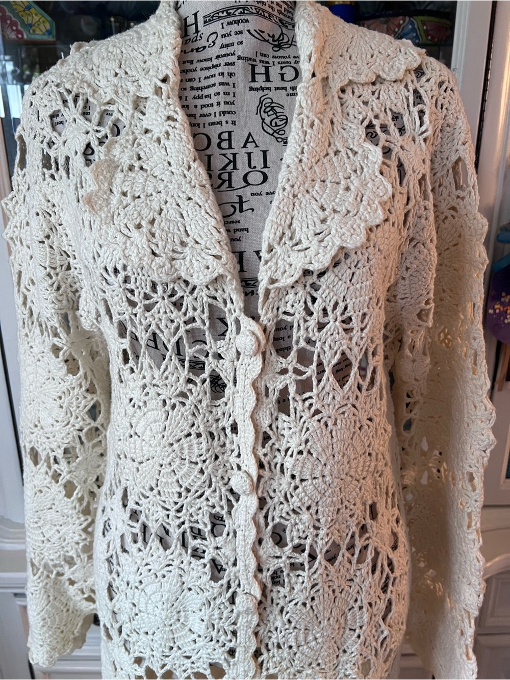Newport News Cream Crochet Long Cardigan Duster with Scalloped Edges S - Picture 2 of 16